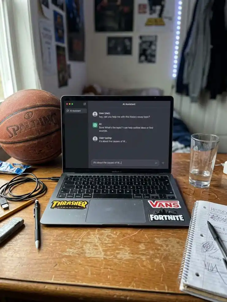 Teen boy using ChatGPT and AI subscriptions for schoolwork on laptop