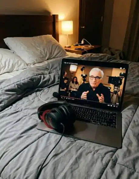 Laptop playing a cinematic MasterClass video tutorial on a teen's bed