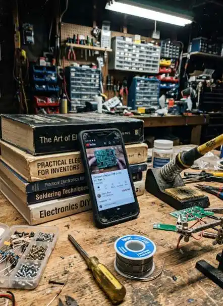 Smartphone playing a Skillshare electronics repair tutorial on a workbench