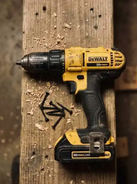 Yellow and black cordless power drill resting on scrap wood in a garage