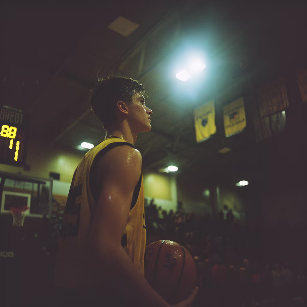 Teen boy in a high pressure moment in a basketball game searching for his mental toughness